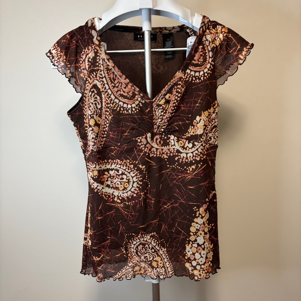 Y2k Fairy Vibes - Axcess Brown Cream Paisley Print Top w Flutter Sleeves Sz Med.